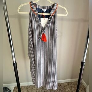 VOY Striped Sleeveless Mini Dress in Navy with Orange Tassel